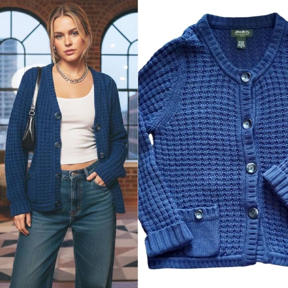 VTG 2009 Eddie Bauer Navy Blue Angora Boxy Cable Knit Cardigan Sweater XL
